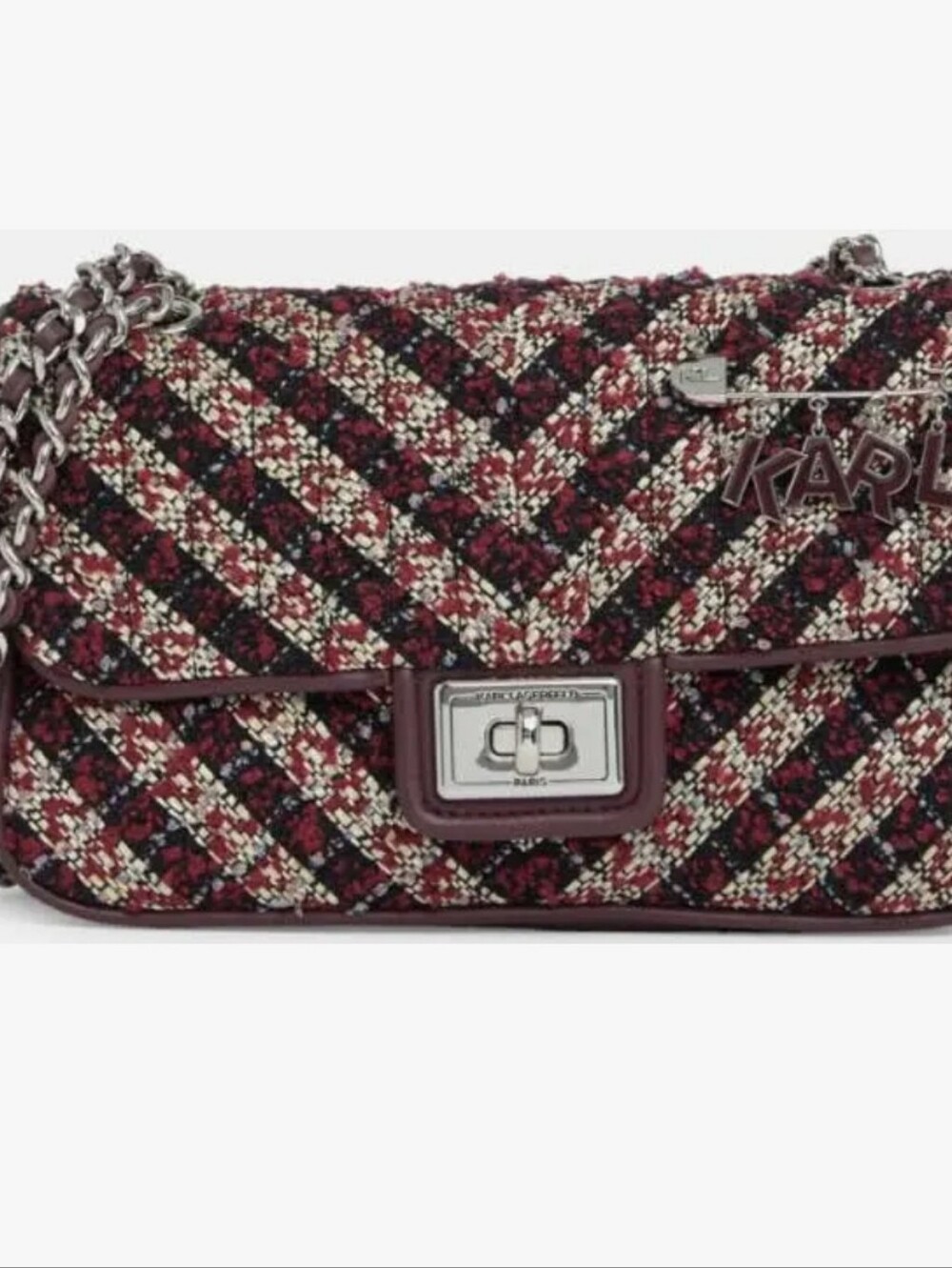 Karl Lagerfeld Burgundy Tweed Chain Shoulder Bag with Silver Hardware - Picture 2 of 10